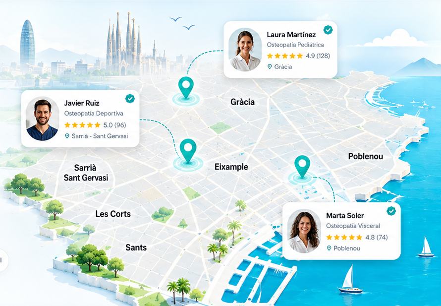 Mapa ilustrado de Barcelona con oste&oacute;patas verificados de OsteoElite